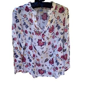 Old Navy Tunic Top Linen Cotton Blend, Floral & White, Long Sleeve, Pin Tuck XS
